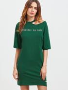 Shein Green Asymmetric Cutout Shoulder Letter Print Distressed Tee Dress