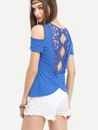 Shein Open Shoulder Lace Back T-shirt - Blue