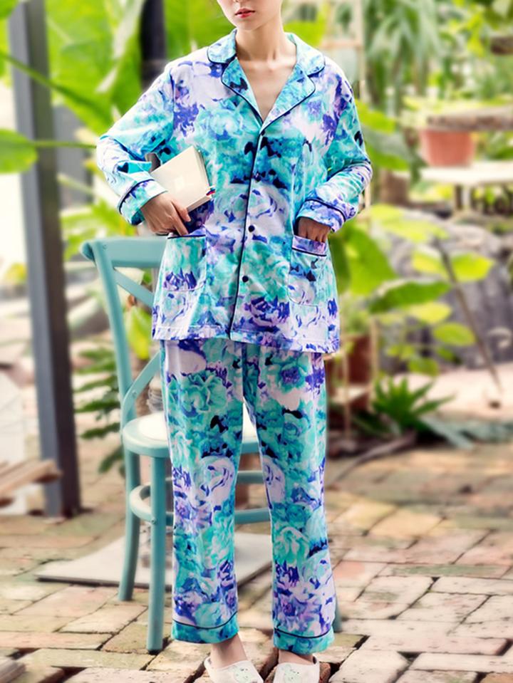 Shein Contrast Binding Florals Shirt & Pants Pj Set