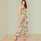 Shein Backless Wide Leg Striped & Floral Jumpsuit