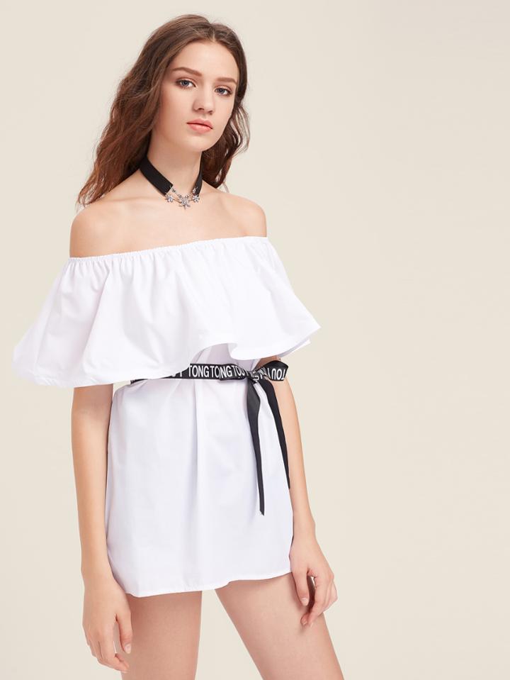 Shein Flounce Layered Neckline Dress With Ribbon Belt