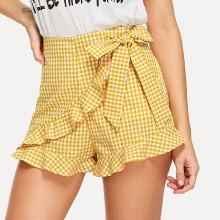 Shein Tie Waist Ruffle Hem Plaid Wrap Shorts