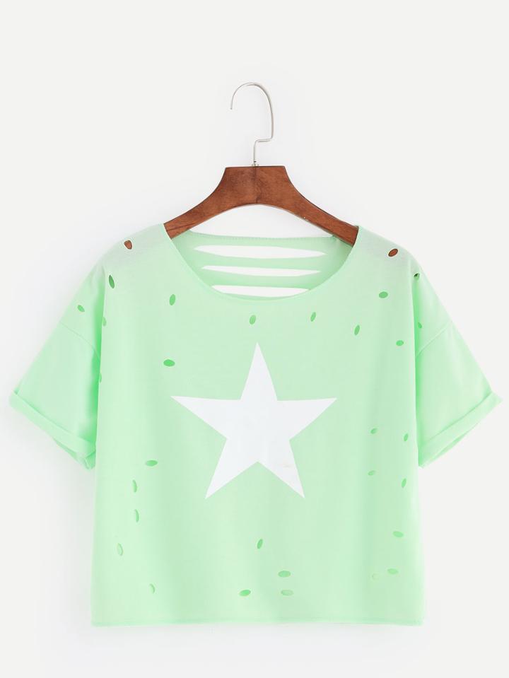 Shein Green Star Print Ripped Roll Sleeve T-shirt