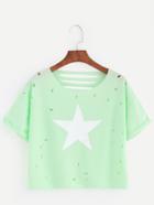 Shein Green Star Print Ripped Roll Sleeve T-shirt