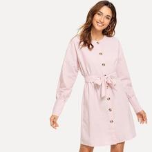 Shein Belted Single Breasted Striped Shirt Dress