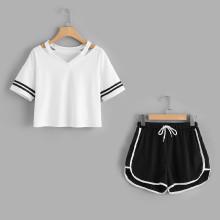 Shein Stripe Sleeve Top & Drawstring Contrast Trim Shorts