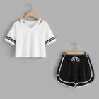 Shein Stripe Sleeve Top & Drawstring Contrast Trim Shorts