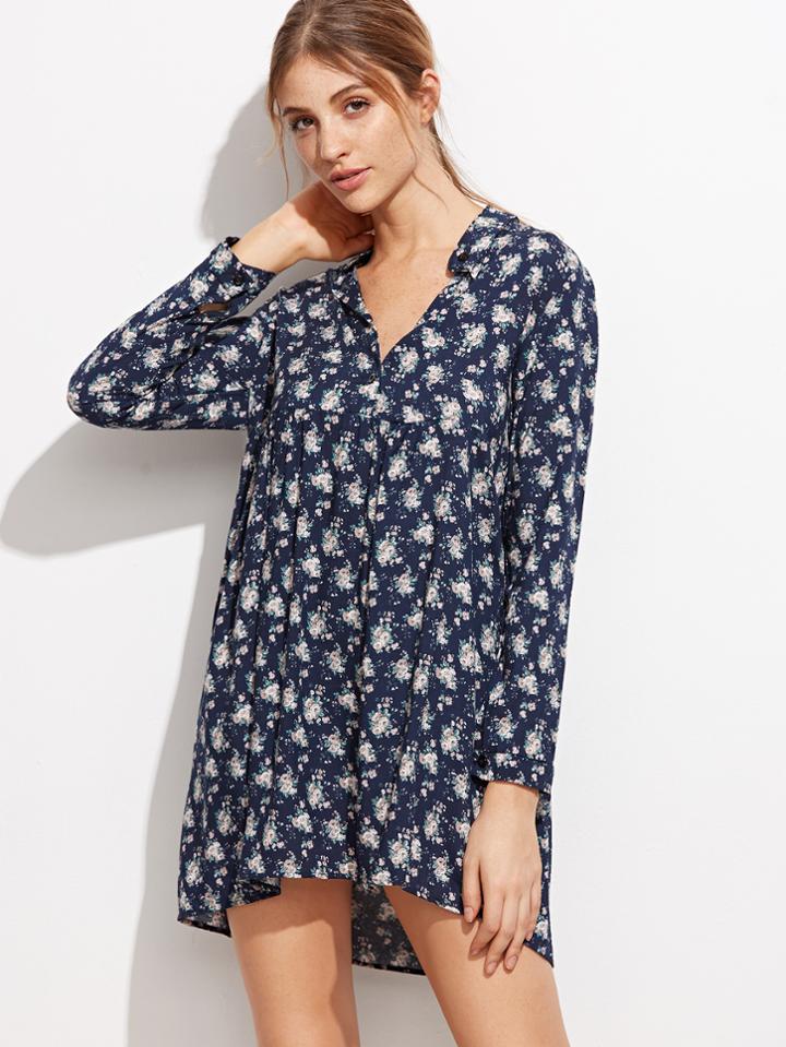 Shein Navy Floral Print Shift Dress