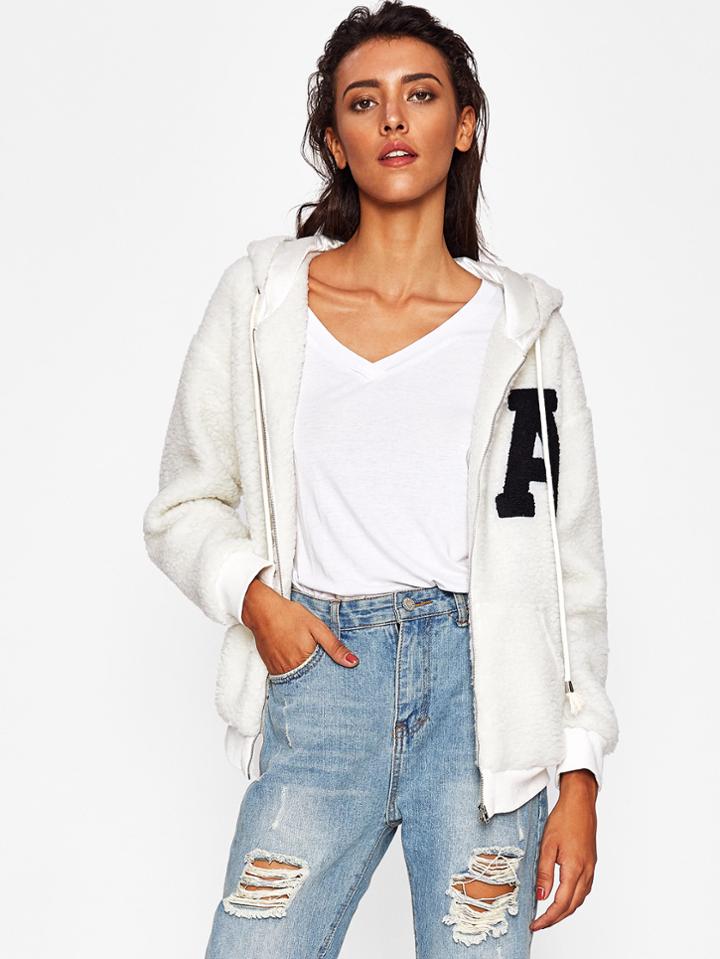Shein A Applique Zip Up Fluffy Hoodie