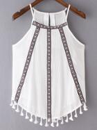 Shein White Fringed Hem Embroidery Spaghetti Strap Tank Top