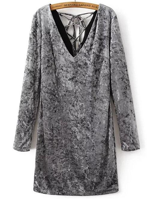 Shein Grey V Neck Lace Up Back Cutout Velvet Dress