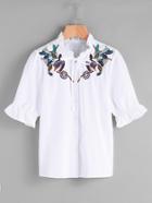 Shein Embroidered Frill Trim Tie Front Shirt