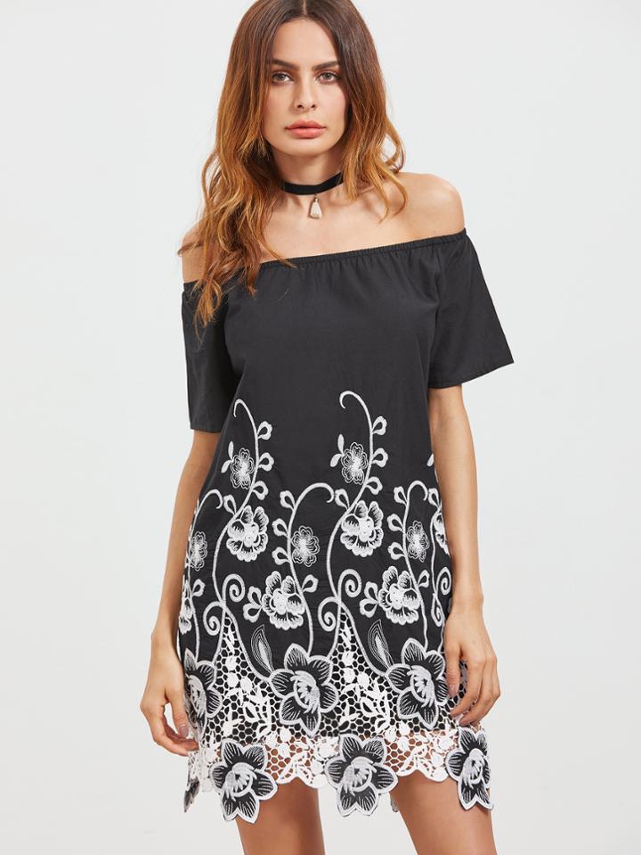 Shein Black Lace Insert Hem Flower Embroidered Off The Shoulder Dress