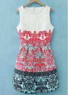 Rosewe Chic Round Neck Sleeveless Print Skater Dress For Lady