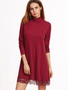 Shein Burgundy High Neck Lace Hem Shift Dress