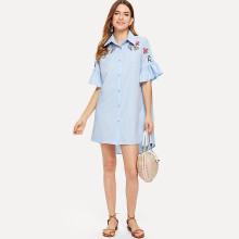 Shein Ruffle Sleeve Embroidered Dip Hem Shirt Dress
