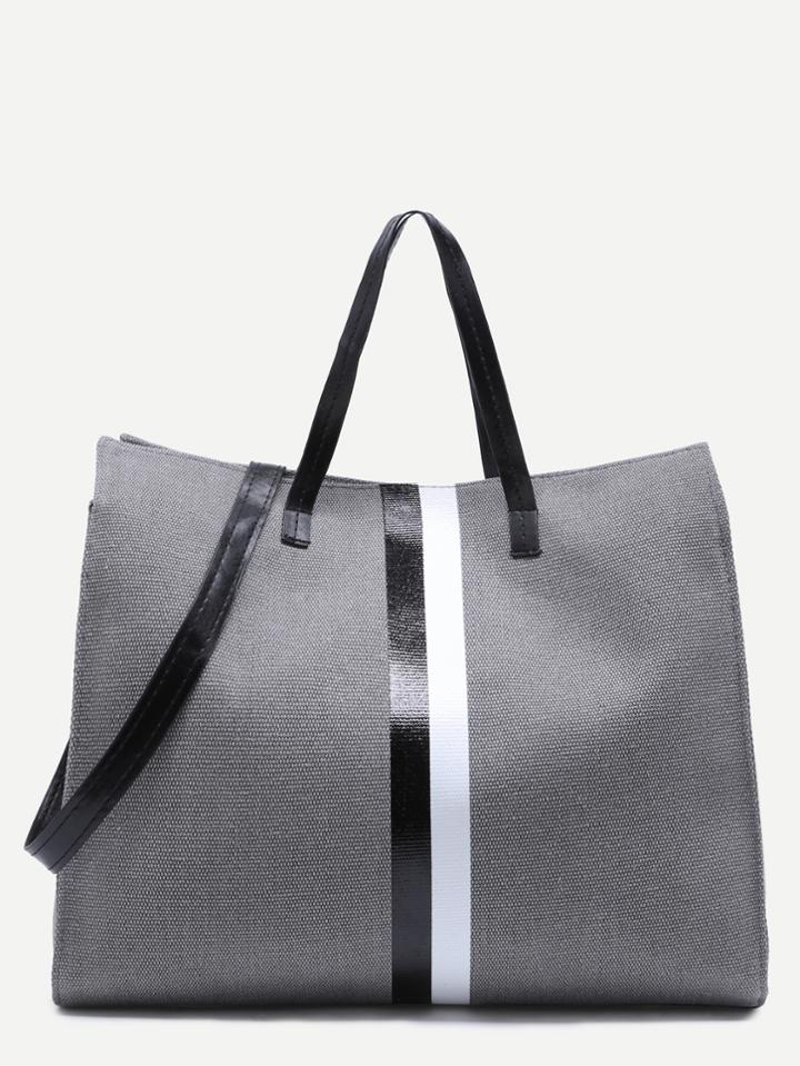 Shein Contrast Striped Canvas Tote With Strap