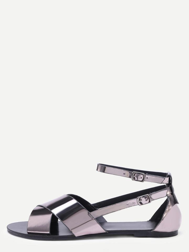 Shein Metallic Faux Leather Crisscross Sandals - Gun Metal