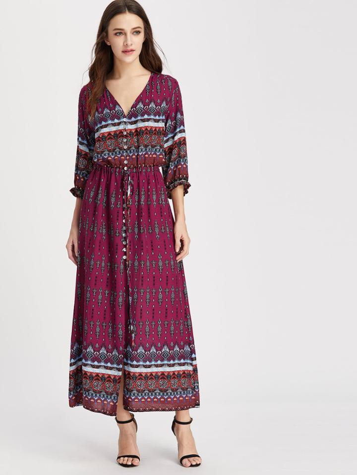 Shein Vintage Print V-neckline Frill Cuff Dress