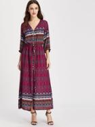 Shein Vintage Print V-neckline Frill Cuff Dress