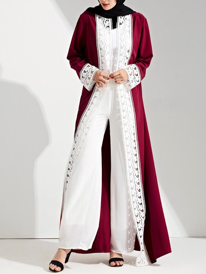 Shein Contrast Lace Crochet Cuff And Placket Abaya