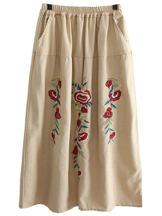 Shein Flower Embroidered Elastic Waist Skirt - Beige