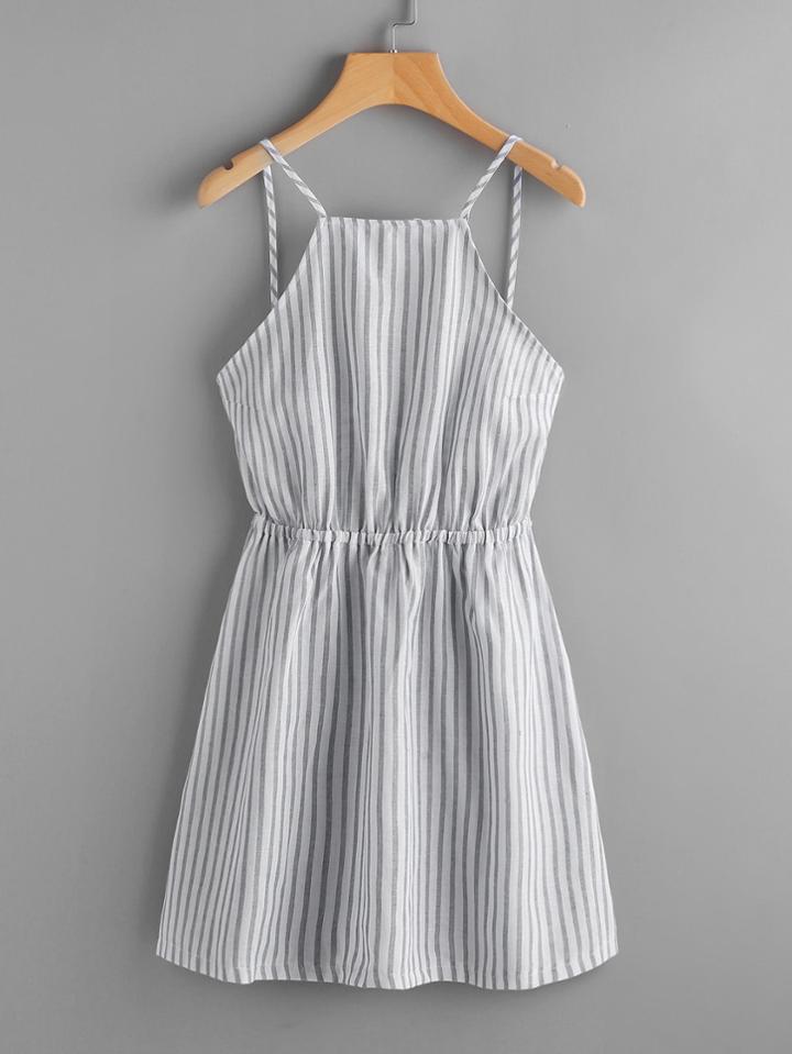 Shein Vertical Striped Bow Tie Open Back Cami Dress