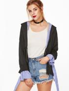 Shein Black Hooded Drop Shoulder Contrast Striped Sweatshirt
