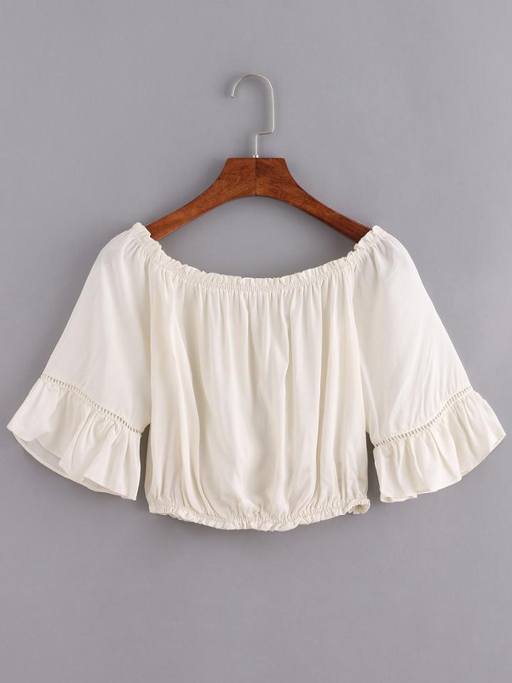 Shein Off-the-shoulder Ruffled Sleeve Crop Top - Beige