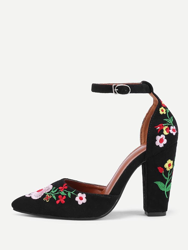Shein Calico Embroidery Pointed Toe High Heels