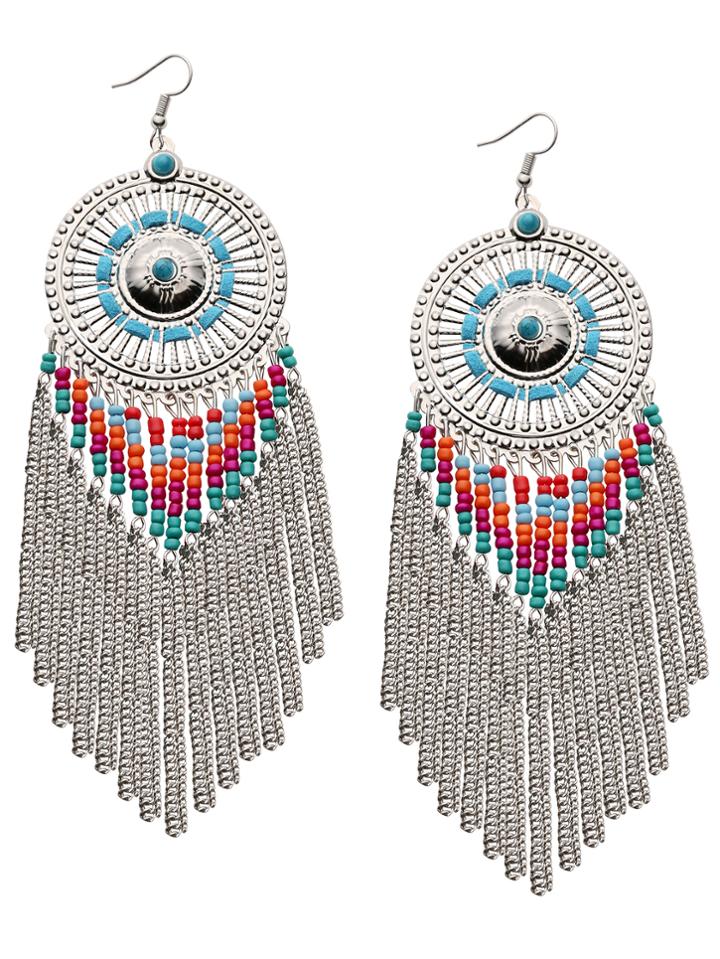 Shein Silver Cutout Circle Plate Beaded Duster Earrings