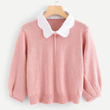 Shein Scallop Contrast Collar Lantern Sleeve Sweater
