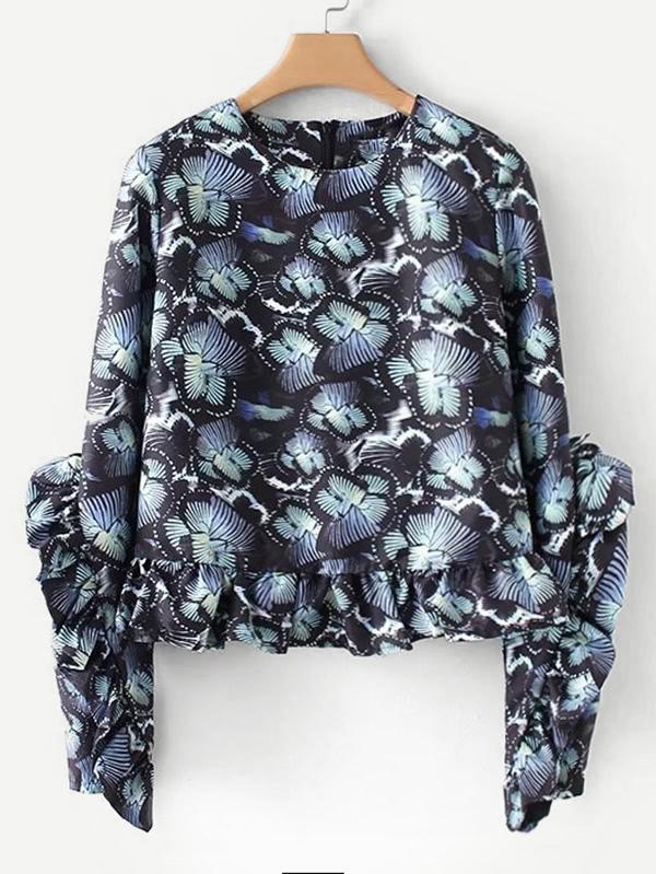 Shein Asymmetrical Frill Sleeve Peplum Blouse