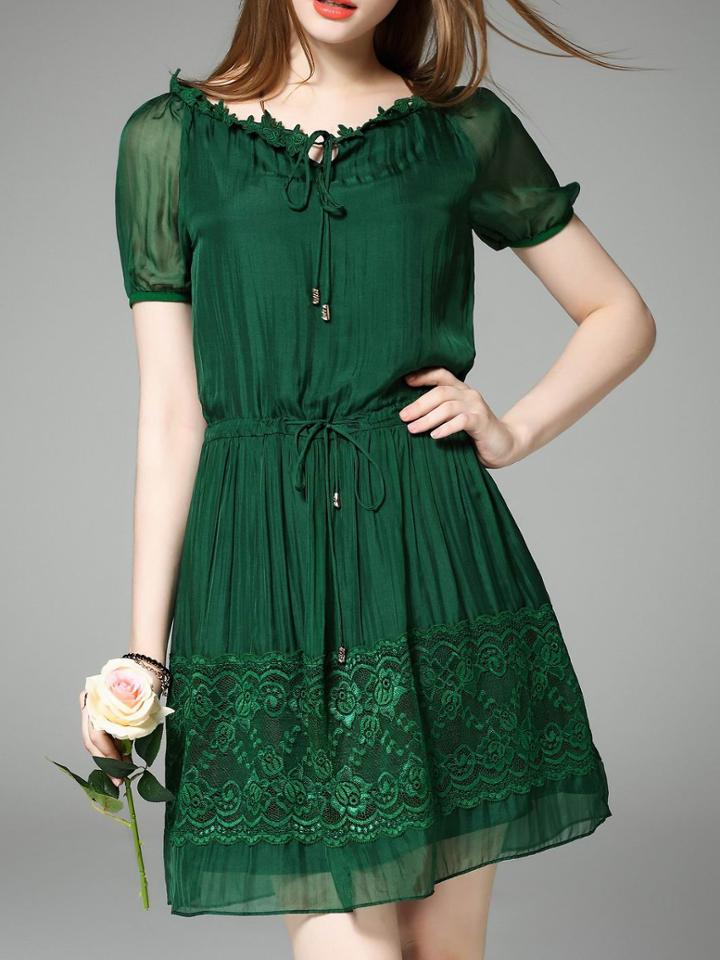 Shein Green Tie Neck Drawstring Shift Lace Dress