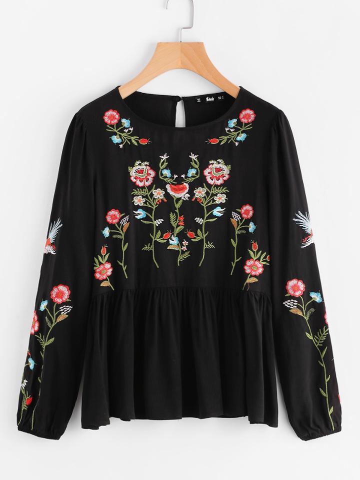 Shein Botanical Embroidered Lantern Sleeve Smock Top