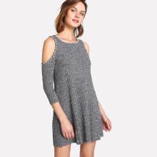 Shein Pearl Beaded Trim Open Shoulder Dress