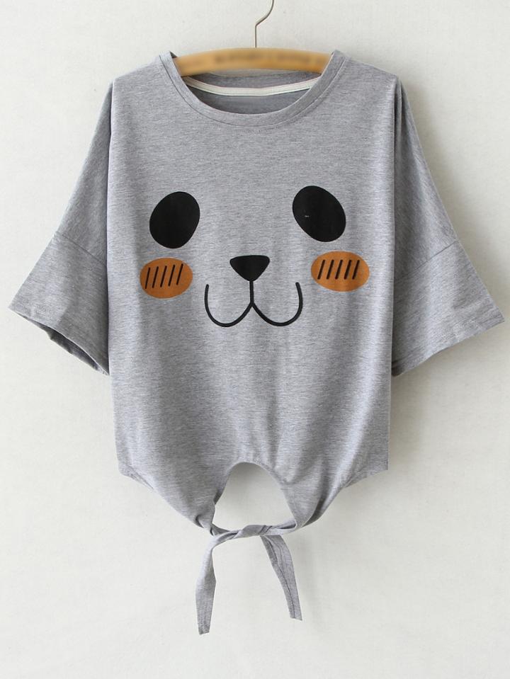 Shein Grey Bell Sleeve Self-tie Bow Print T-shirt