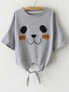 Shein Grey Bell Sleeve Self-tie Bow Print T-shirt