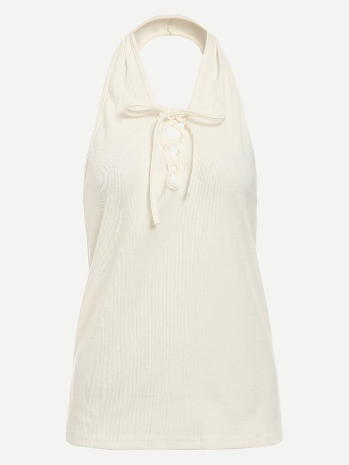 Shein Ivory Lace Up Ribbed Halter Neck Top