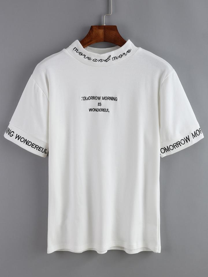 Shein Mock Neck Letters Embroidered White T-shirt