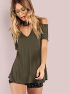 Shein Short Sleeve Cold Shoulder Choker Top Olive