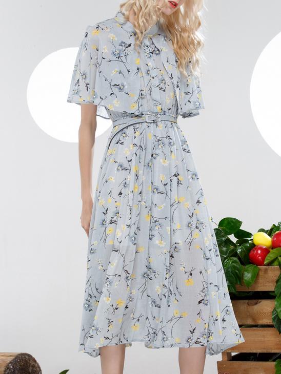Shein Grey Cape Belted Floral A-line Dress