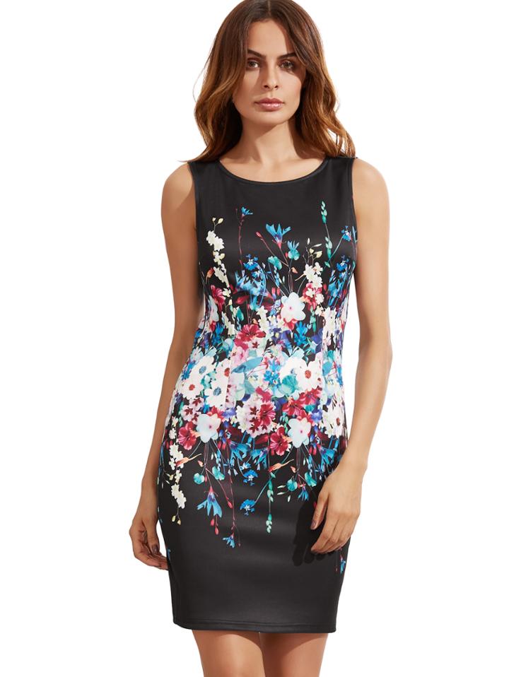 Shein Black Vintage Print Sleeveless Sheath Dress