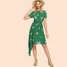 Shein Twist Neck Belted Asymmetric Floral Dress