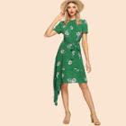 Shein Twist Neck Belted Asymmetric Floral Dress