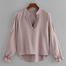 Shein V Neckline Pearl High Low Blouse