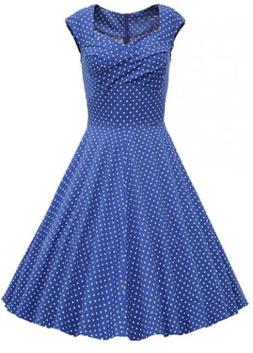 Rosewe Square Neck Cap Sleeve Dot Print Flare Dress