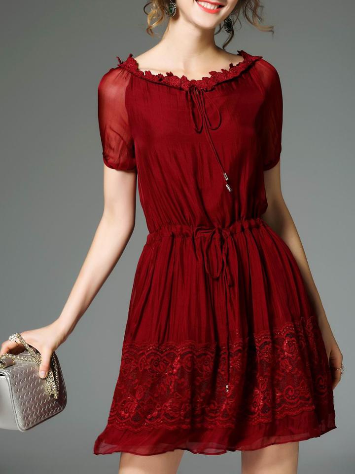 Shein Burgundy Tie Neck Drawstring Contrast Lace Dress