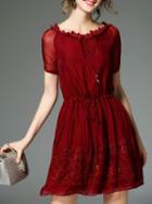 Shein Burgundy Tie Neck Drawstring Contrast Lace Dress