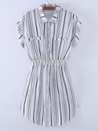 Shein Black And White Roll-up Cuff Elastic Waist Stripe Dress